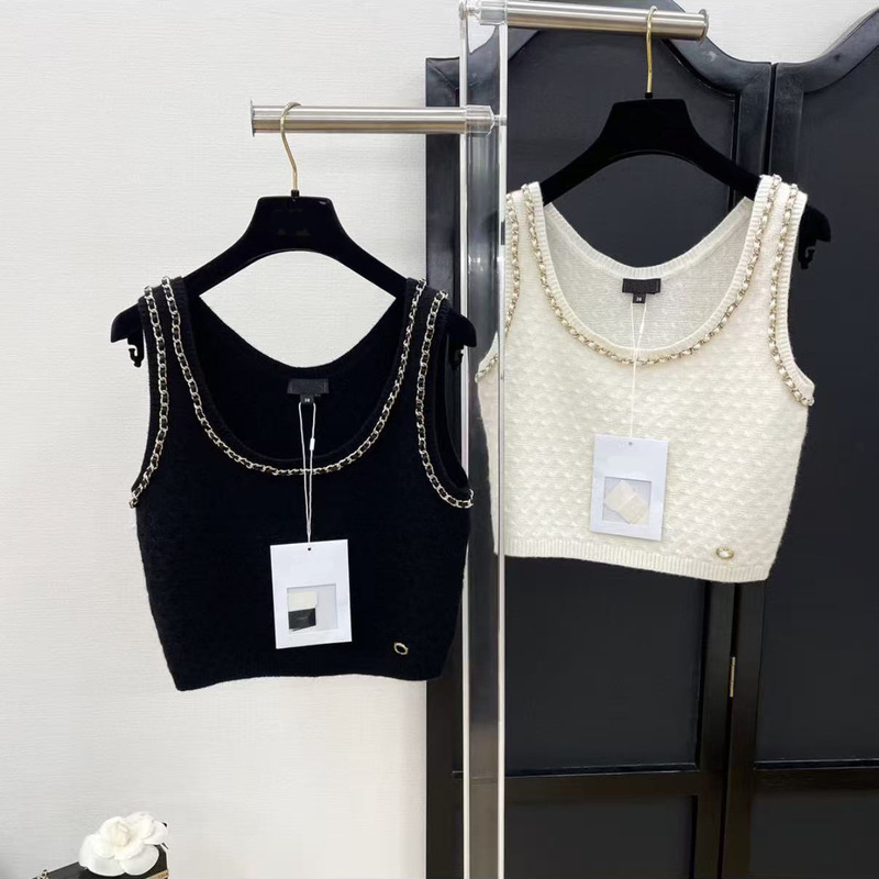 Trendy Brand Chanel-Style Chain Vest Knit Top with Metal Lettering and Leather Trim, Slim-Fit, Slimming Knit Short Camisole