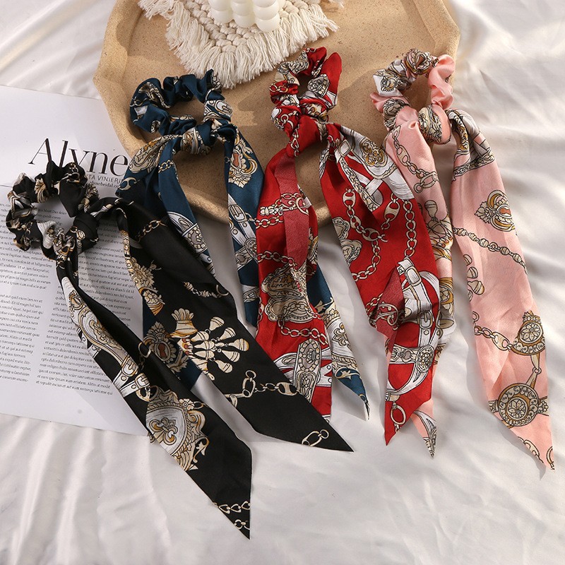 Nuevo lazo de raso estampado, coletero de encaje elegante estilo chino, cuerda para el pelo de cola de caballo al por mayor