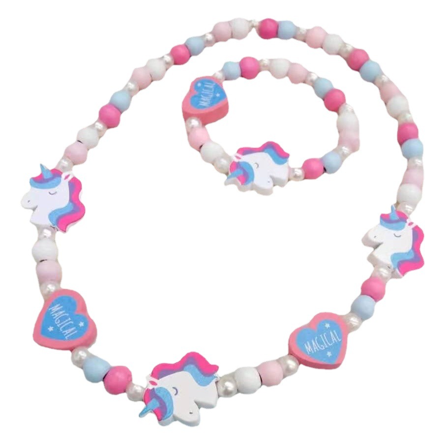 Cross-Border Children's Wooden Craft Jewelry Cartoon Creative Bracelet Necklace Set DIY Beading Wholesale Children's Educational Toys