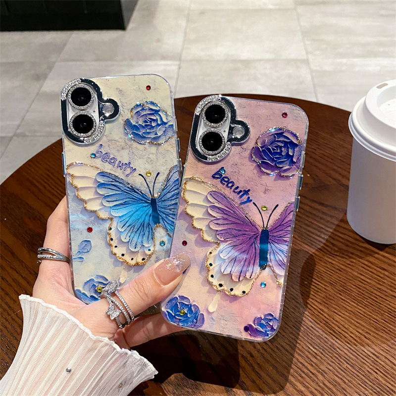新款闪粉钻石镜框适用iPhone16蓝光点钻手机壳苹果15防摔14保护套