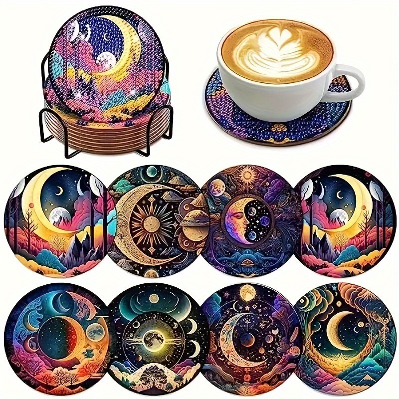 Ventas transfronterizas calientes de 8 piezas de conjunto de cojín de taza de arte de diamante, con soporte, pequeño conjunto de pintura de diamante, adecuado para adultos