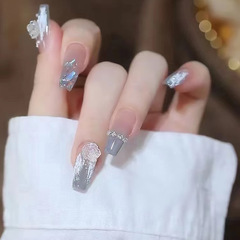 Luxury casual wearable nail art wholesale nail gradient ice transparent blue-gray camellia nail plate pure desire nail sticker fake nails
