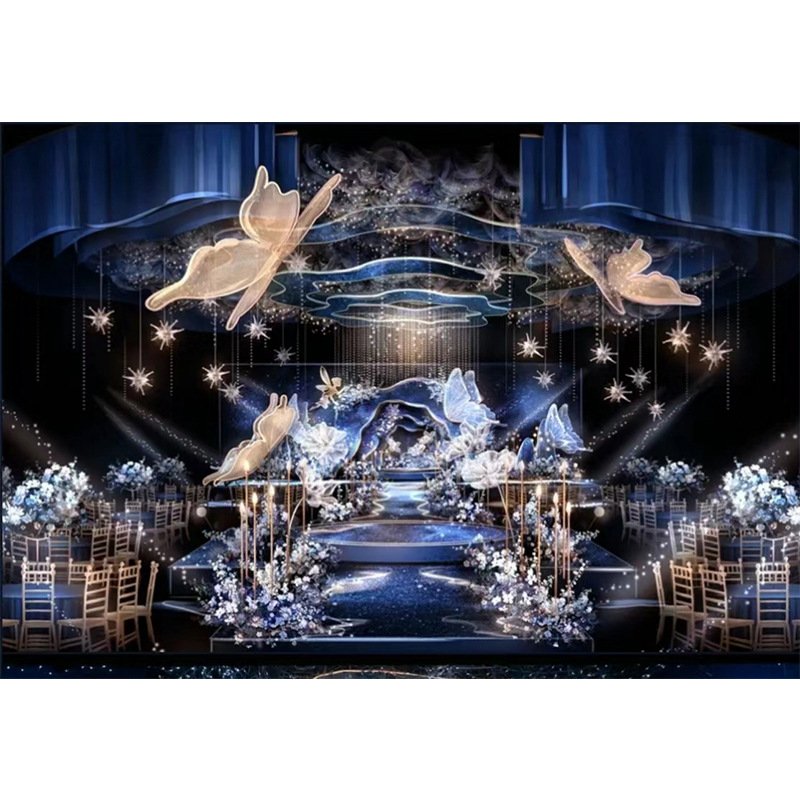 Disposición de accesorios de boda, alas de mariposa luminosas, decoración de escenario, colgantes de techo, decoración de lugar, guía de boda