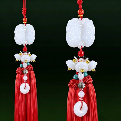 accessories men and women car — Car hanging - white-jade-double-pixiu-red-tassel-lotus-style