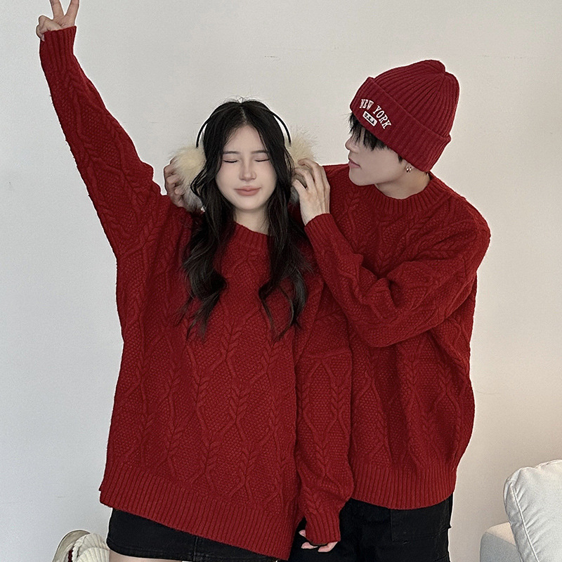 2024 가을 새 연인 붉은 새해 스웨터 크로스-머리카락