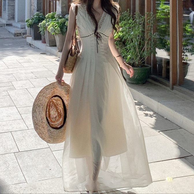 Lace Splicing V-Neck A-Line Tank Dress for Summer, Waist-Cinching, Slimming, Elegant, Sleeveless, Long