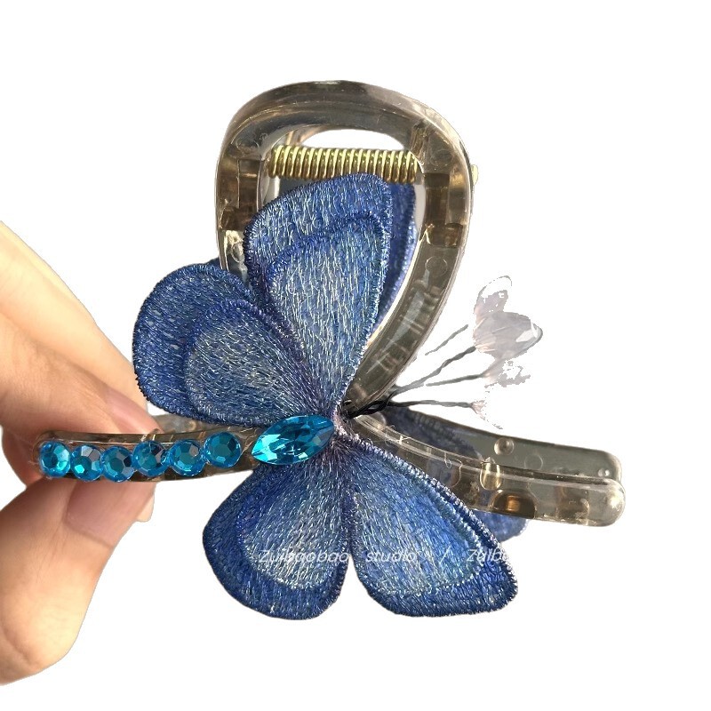 春の蝶の気質レトロスタイル刺繍蝶クリップ後頭部半分結びシャーククリップヘアアクセサリー旅行ヘアピン|undefined