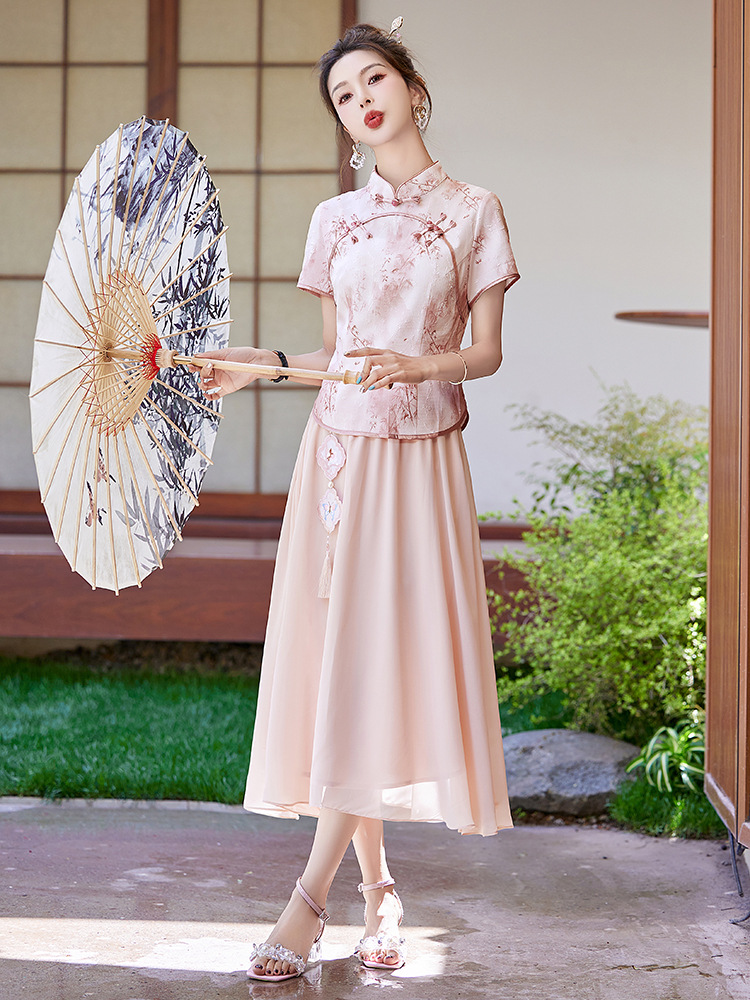 Bộ áo kiểu Trung Quốc mới và váy dài vừa phải hai mảnh mùa hè AH2438 — Màu hồng, Màu xanh lá