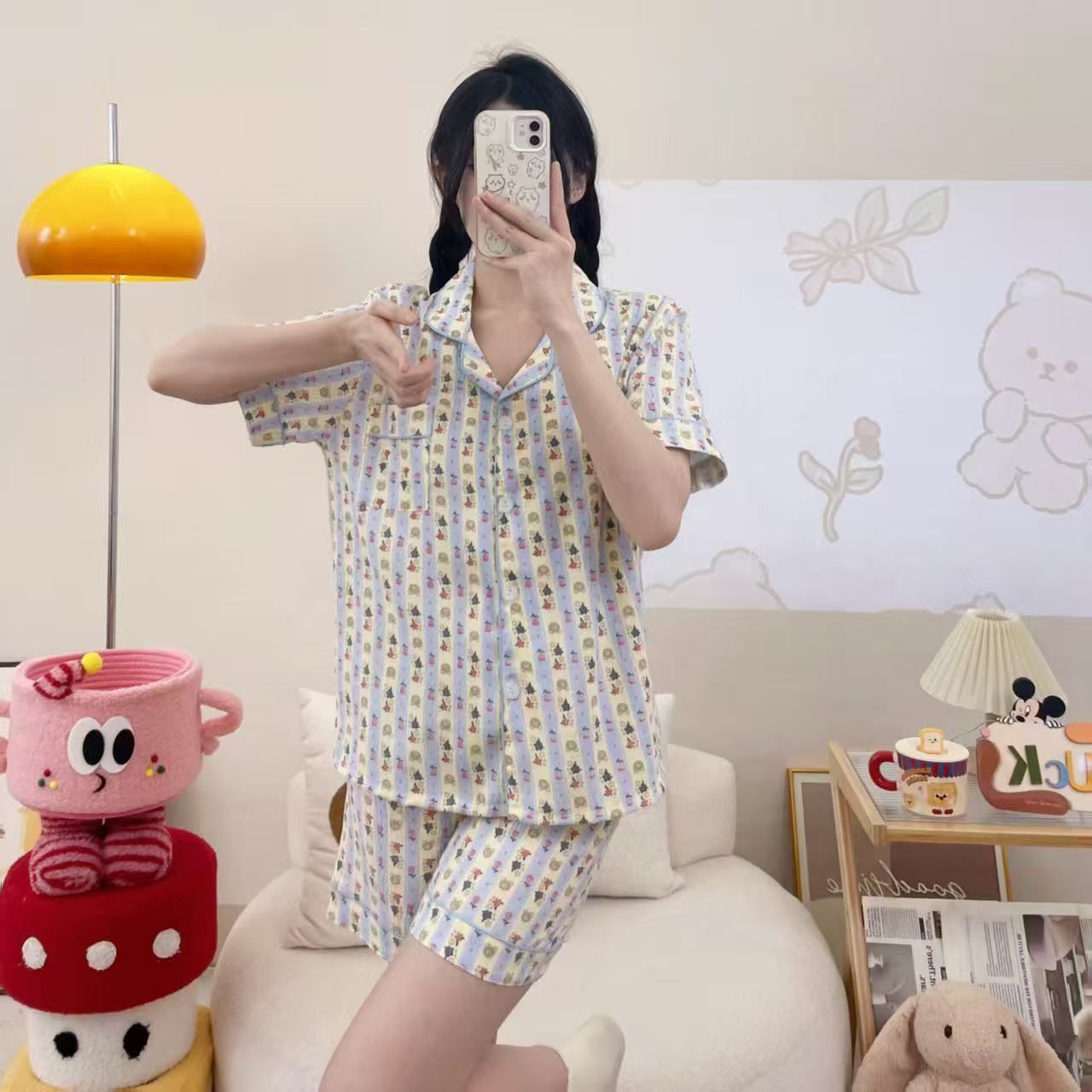Al por mayor transfronterizo nuevo verano nubes de algodón dibujos animados mangas cortas pantalones cortos pijamas ropa de casa de mujer set ropa de casa de moda