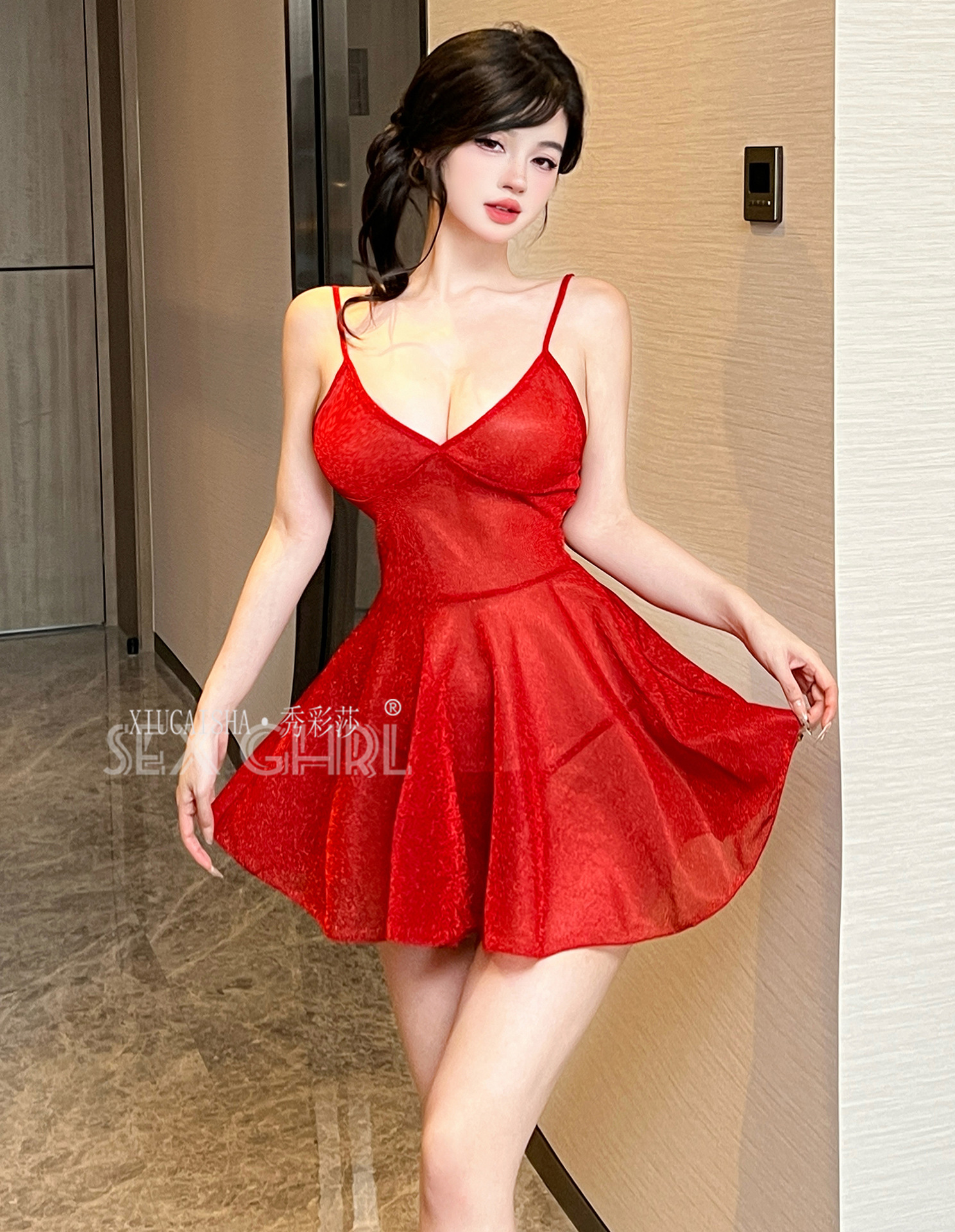 Xiucaisha Gold Uniform-Style Lingerie Set with Slip Dress, Thong and White Stockings — detail image 24