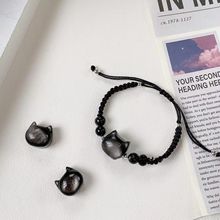 新款福气喵喵黑曜石手工编绳猫咪猫头手链百搭简约送闺蜜情侣礼物