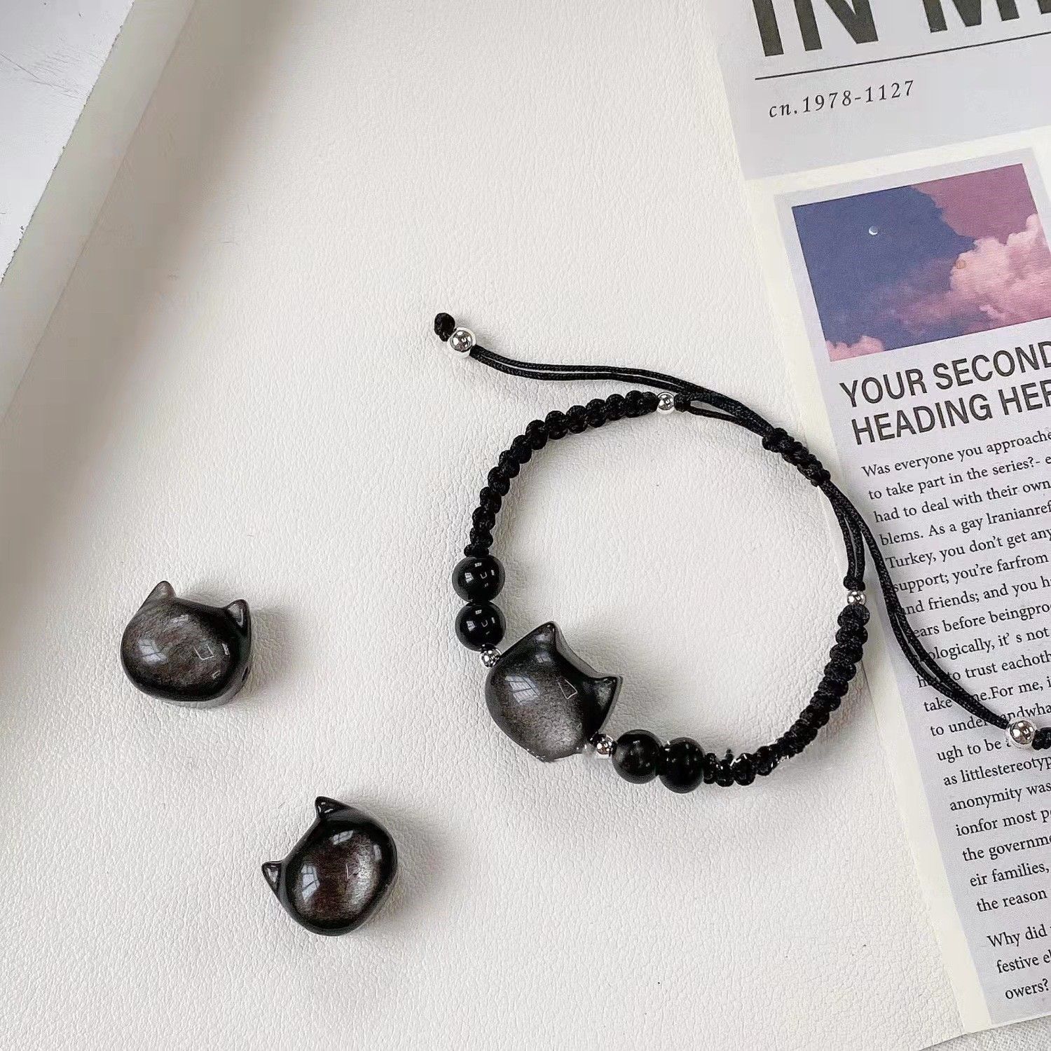 New Blessing Meow Obsidian Handmade Rope Cat Cat Head Bracelet All-match Simple Gift for Best Friends Couple