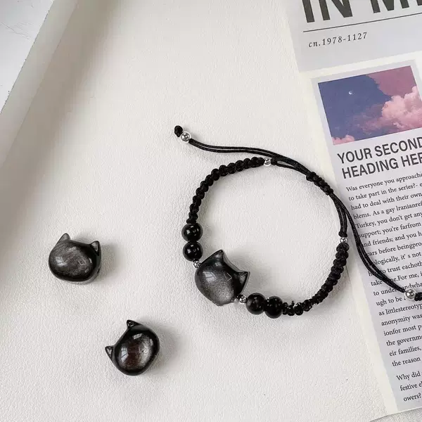 New Blessing Meow Obsidian Handmade Rope Cat Cat Head Bracelet All-match Simple Gift for Best Friends Couple