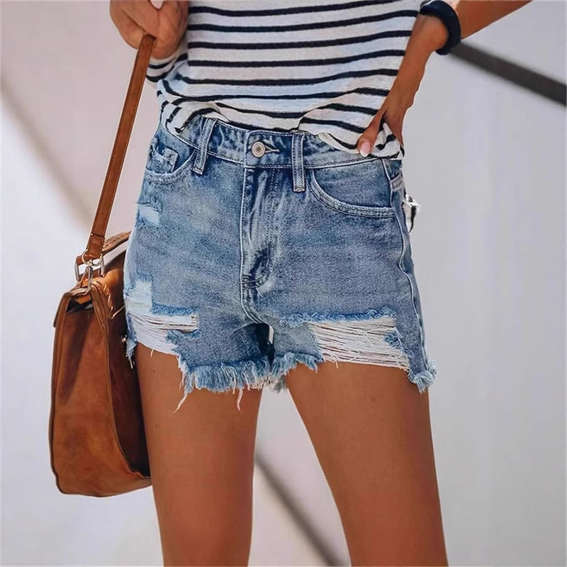 Vintage Ripped Denim Shorts with Raw Edges, Trendy and Stylish Low-Rise Washed Denim Shorts for Women