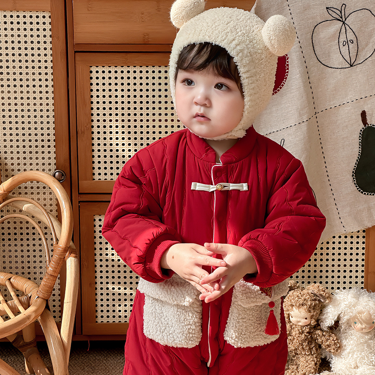 (2개) 신년 옷 겨울 옷 소년  원피스 옷 기모 붉은 새해 옷  복 원피스