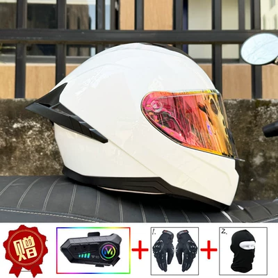 Motosiklet kaskı (dəbilqə) — Bluetooth Full-Face Helmet with Dual Lenses - pearl-white-iridescent-red-night-vision-compatible-y10-soft-wheat-comes-with-clear-lenses-s