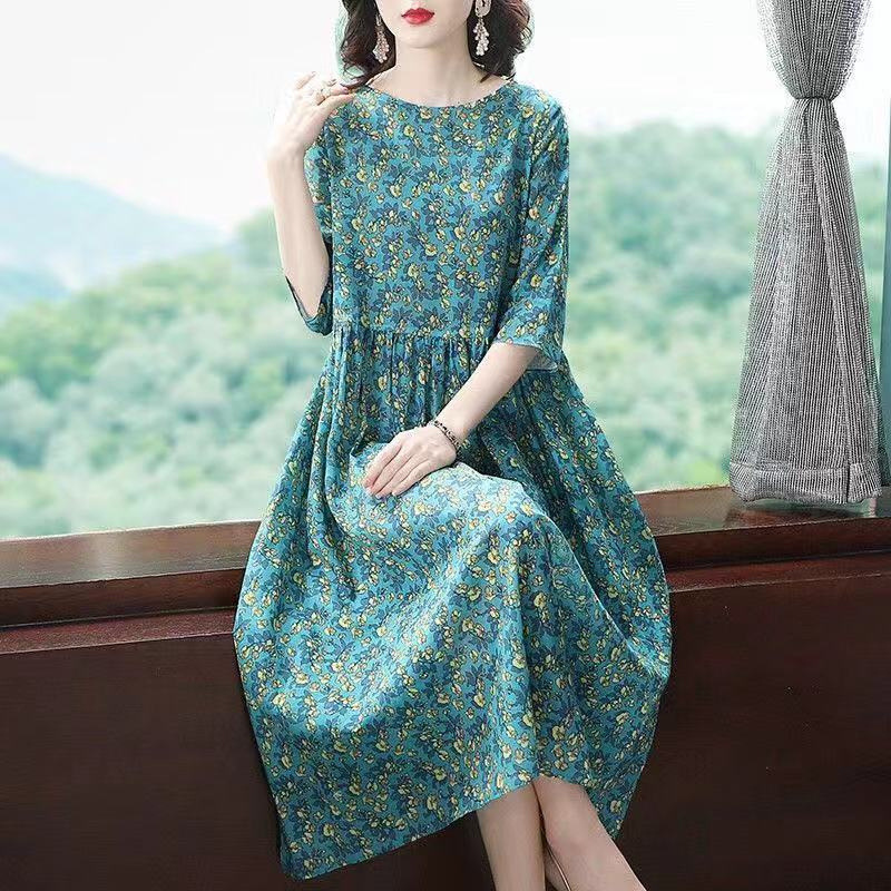 New Floral Dress 100kg Plus Size Women's Clothing for Plus-Size Ladies, Middle-Aged Moms, Trendy Mid-Length Wholesale