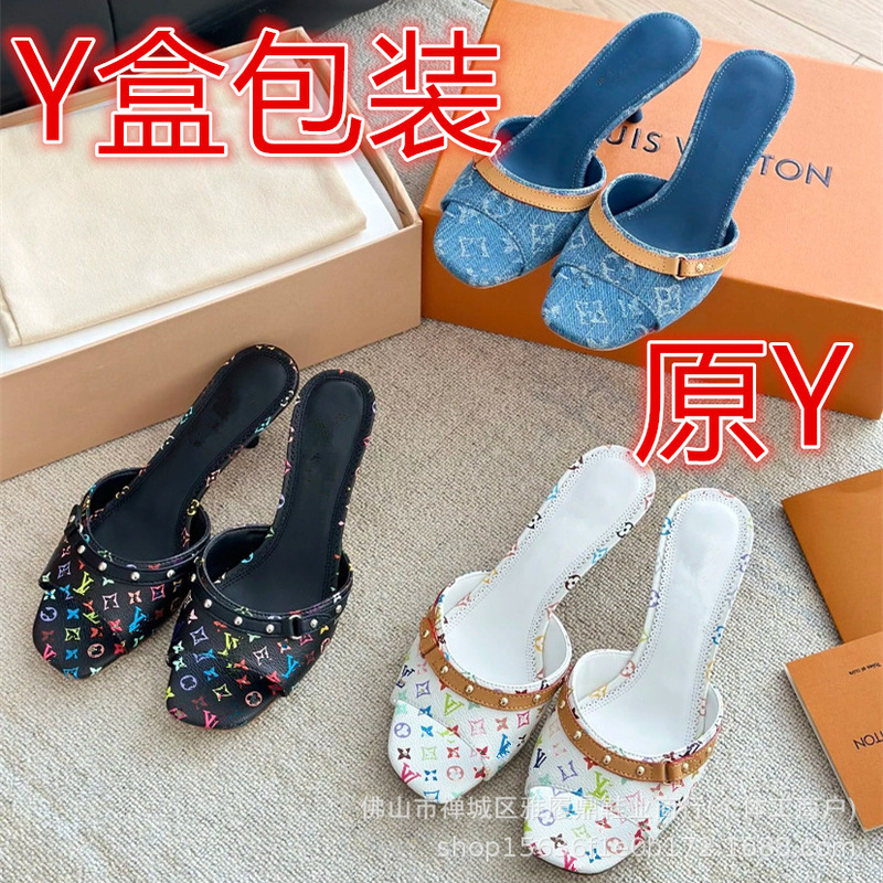 High-Heeled Cat Heel Slippers, New Denim High-Heeled Strap Sandals, European and American Style Printed Stiletto Kitten Heels for Women High-Heeled Cat Heel Slippers, New Denim High-Heeled Strap Sandals, European and American Style Printed Stiletto Kitten Heels for Women