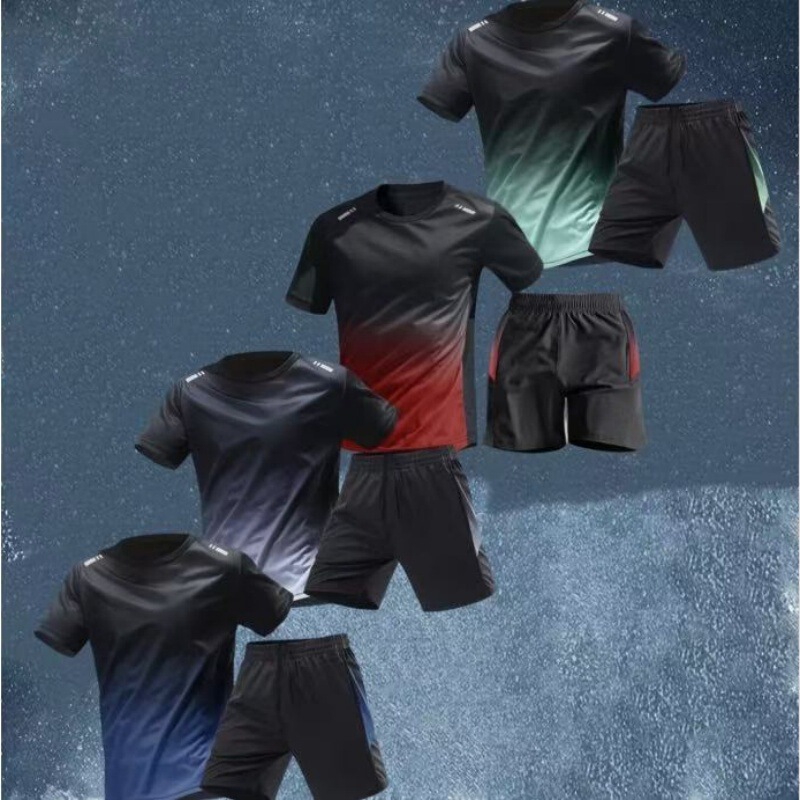 Exclusive】Sports Suit Men's Quick-Drying Short-Sleeved T-Shirt Thin Fitness Running Badminton Mesh Shorts Training Clothes