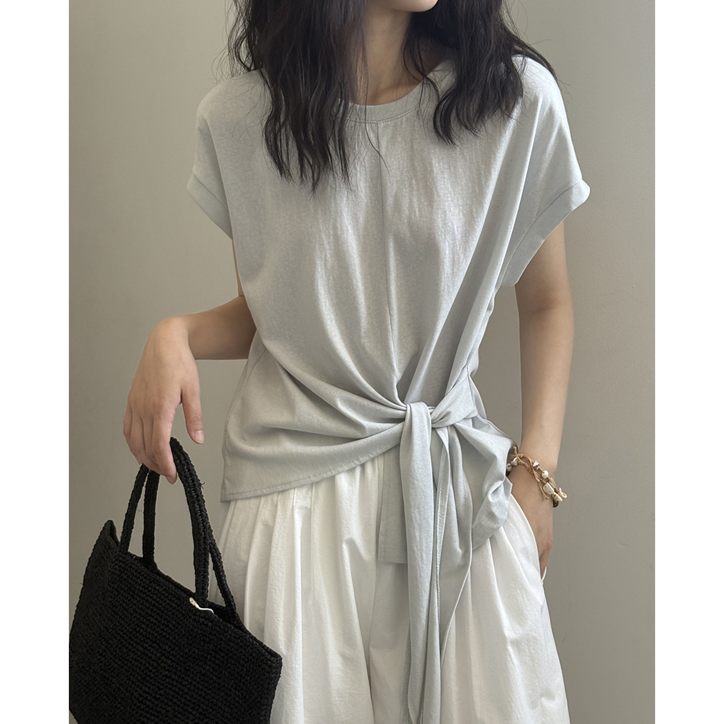 165g Snowflake Cotton 65% Cotton 35% Polyester】Designed Short-Sleeve T-Shirt for Women, Summer Tie-Up French-Style Loose Semi-Sheer Top