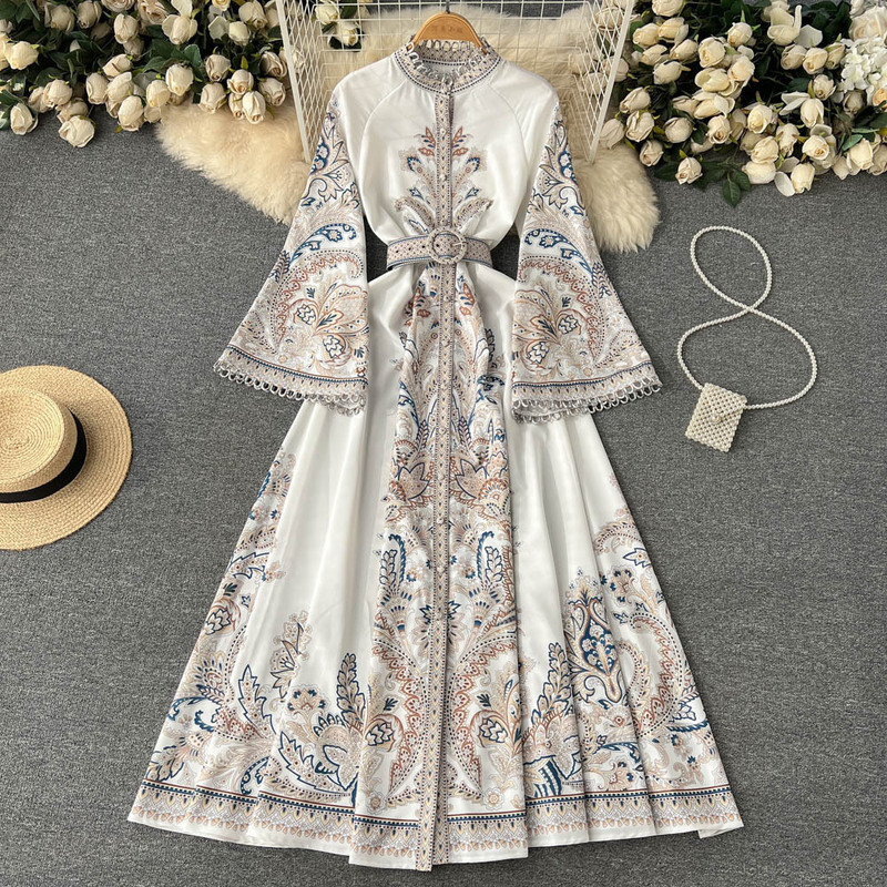 Long Skirt with Single-Breasted Pleated Print, New Retro Round-Neck Flared Spring Dress for Women with Irregular Bell Sleeves Long Skirt with Single-Breasted Pleated Print, New Retro Round-Neck Flared Spring Dress for Women with Irregular Bell Sleeves