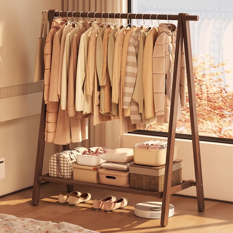 Clothes and Hood Solid Wooden Rack Floor Hanger Household Bedroom Hanger Space-saving Drying Rack Indoor Clothes Storage Rack
