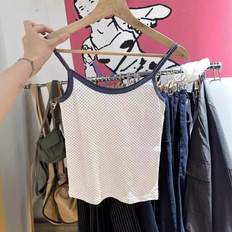 BM Style Denim Blue Edge Hollow Polka Dot Eyelet Camisole Vest Women's Bm Spice Girls Sleeveless Pure Sexy Tight Top