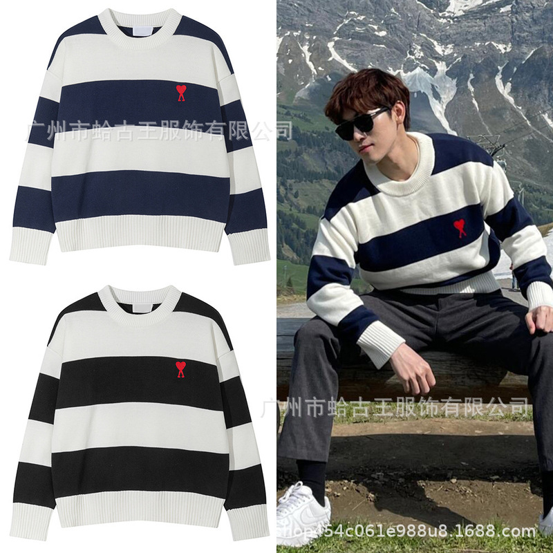 Ami Cross-Border Wholesale Autumn and Winter New Round Neck Sweater Unisex Embroidered Heart Thick Striped Color-Block Knitwear