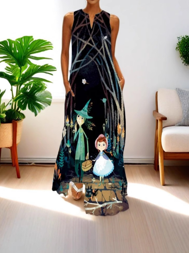 Retro literary hippie printed long skirt