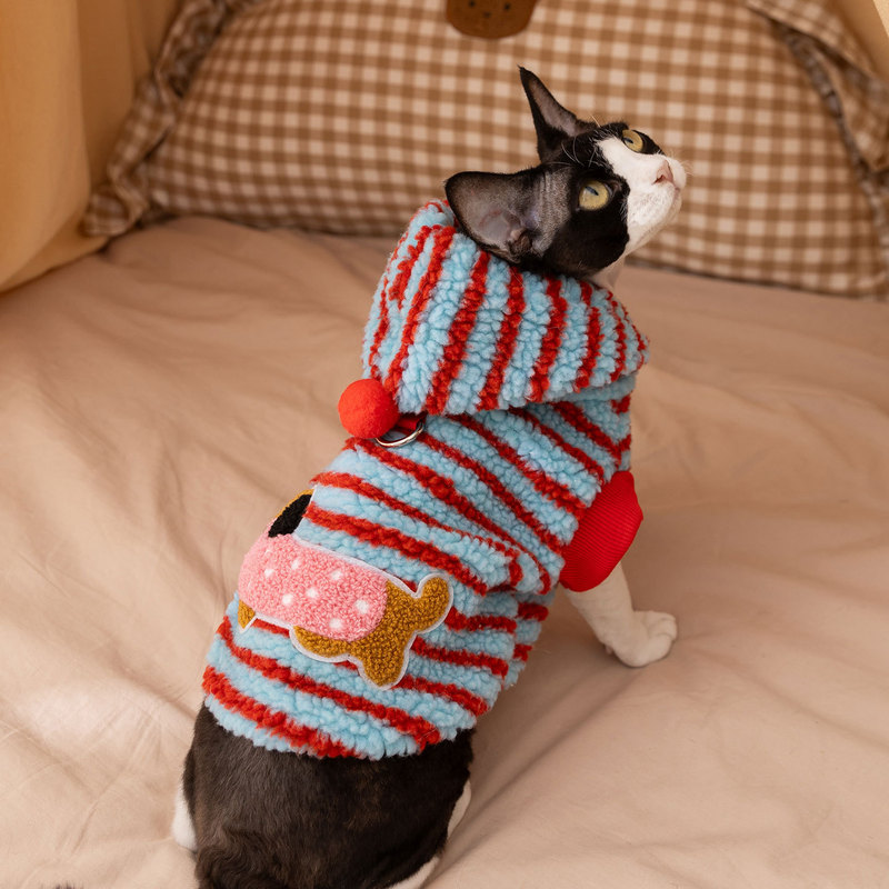 猫咪衣服可爱条纹腊肠犬牵引连帽绒衣蓝猫幼猫无毛猫狗狗宠物衣服|undefined