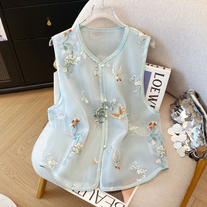 New Chinese Style National Style Vest Women's Summer Thin New Organza Embroidered Vest Vest Outer Wear