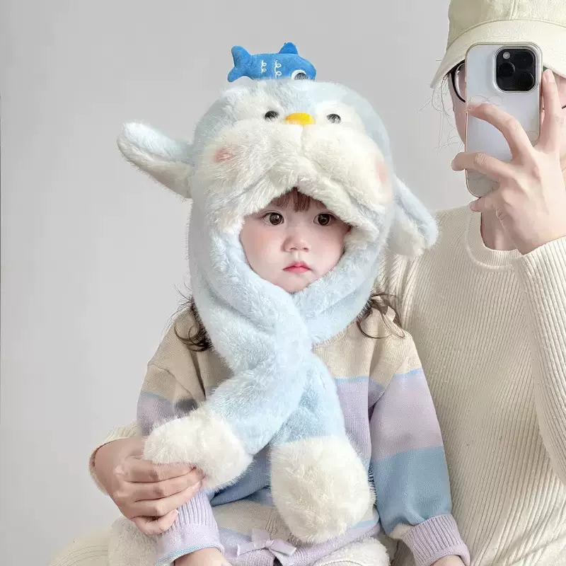 耳朵会动儿童帽子围巾一体帽可爱企鹅保暖毛绒帽加厚秋冬防风毛绒