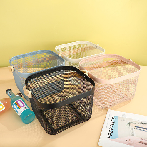 Home Kitchen Storage Basket Riesato Basket Iron Hand Carry Storage Basket Wood Handle Fruit Vegetable Shopping Basket 