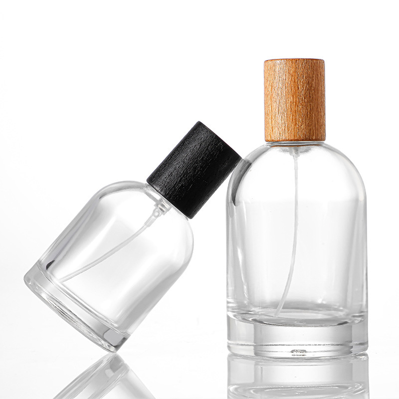Botella de Perfume Cilíndrica de Vidrio Vacía con Pulverizador de Rocío Fino, Botella de Vidrio Recargable con Tapa de Madera de Haya, Exportación del Sudeste Asiático, Rocío Fino