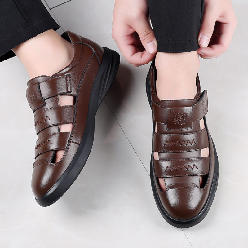 Dép sandal nam da bò thật đế cao su, kiểu lỗ thoáng khí mùa hè, quai ngang dây buộc — Màu nâu, Màu đen