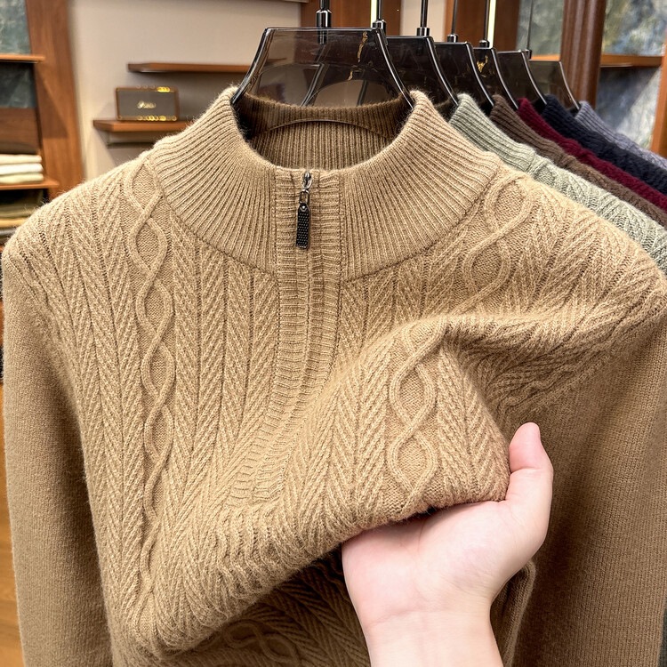 Half-high collar jacquard long-sleeve knitted sweater for men, winter half-zip thickened warm base layer wool sweater top