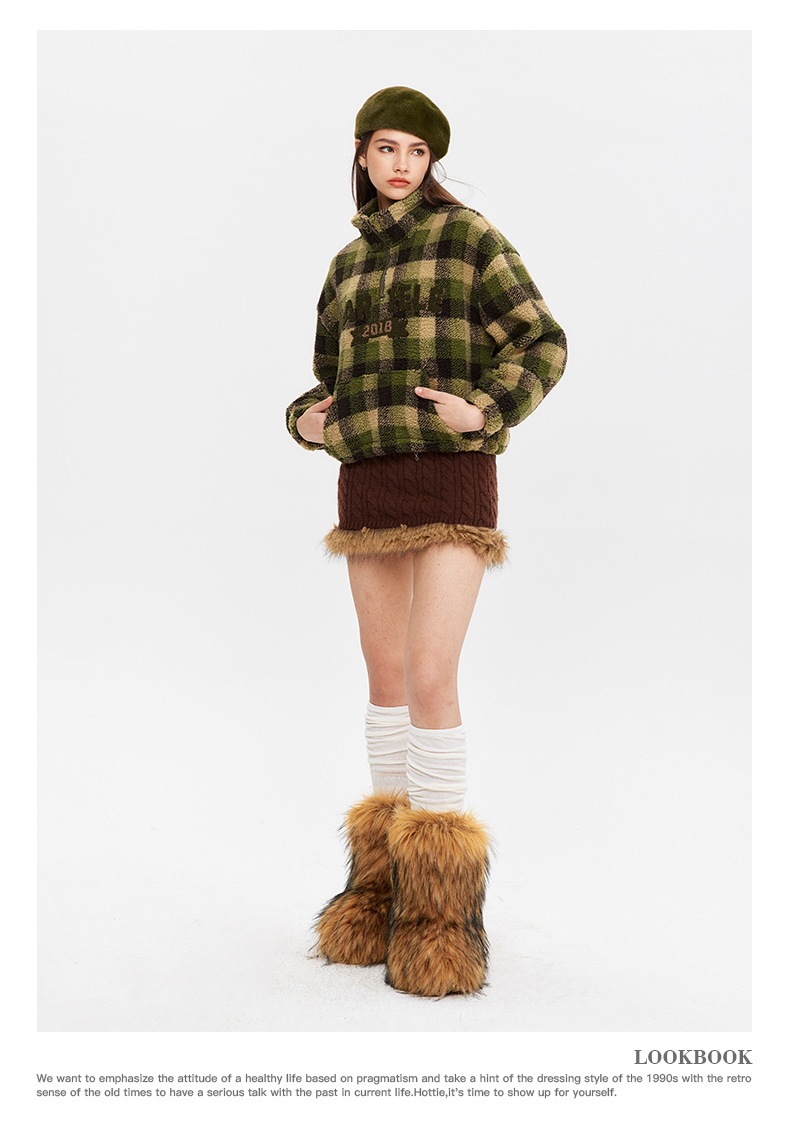Women's Retro Half Zip Sweater Jacket Letter Embroidered Plaid_voghion.com