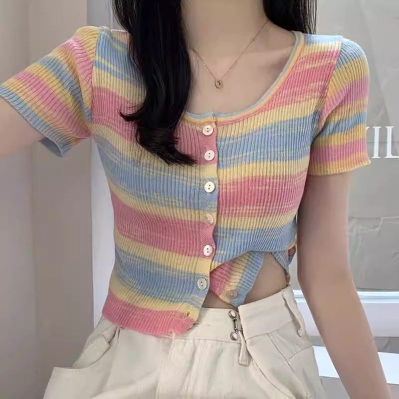 Chic Knitted Striped Slim-Fit Cardigan Short-Sleeve Women's Summer 2026 New Design for Petite Figures Niche Short Top