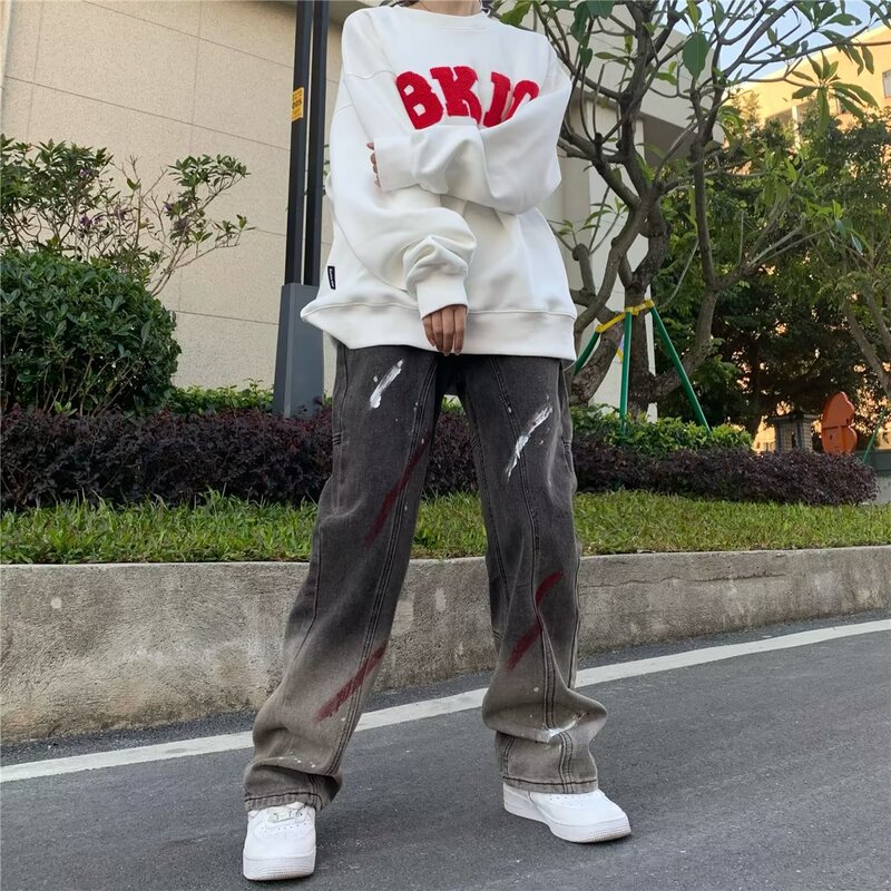 Splash-ink gradient jeans men's spring fashion brand high street vibe straight pants design star stitching casual trousers