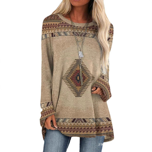 Independent station Western and Eastern best-selling women's loose T-shirt Western style round neck printed women's long-sleeved top