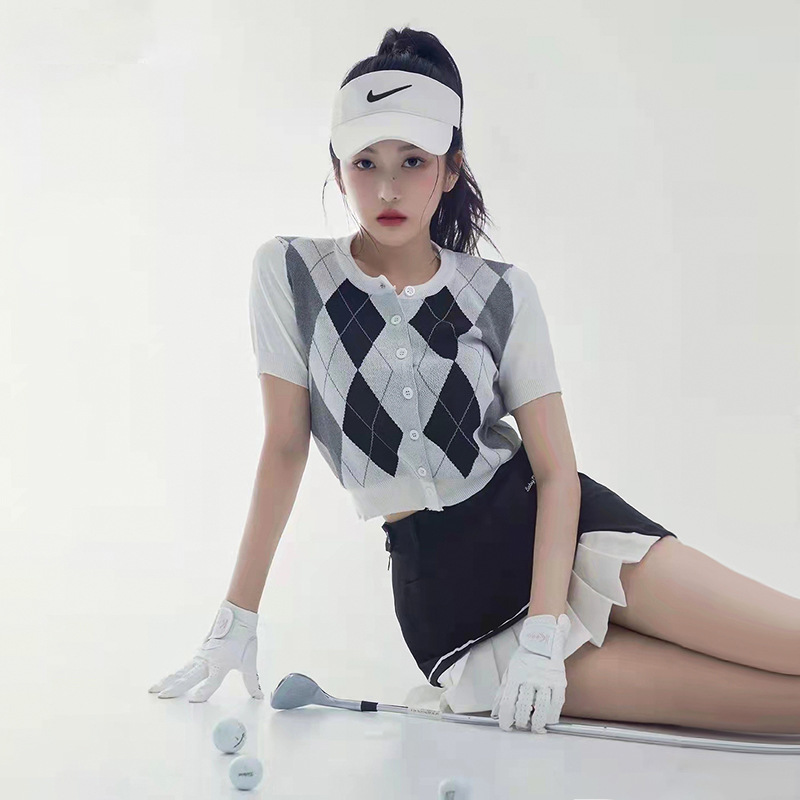 Korean Style Golf Clothing Women's Suit Summer Elegant Short-Sleeved Top Golf Pleated Skirt Women's Black