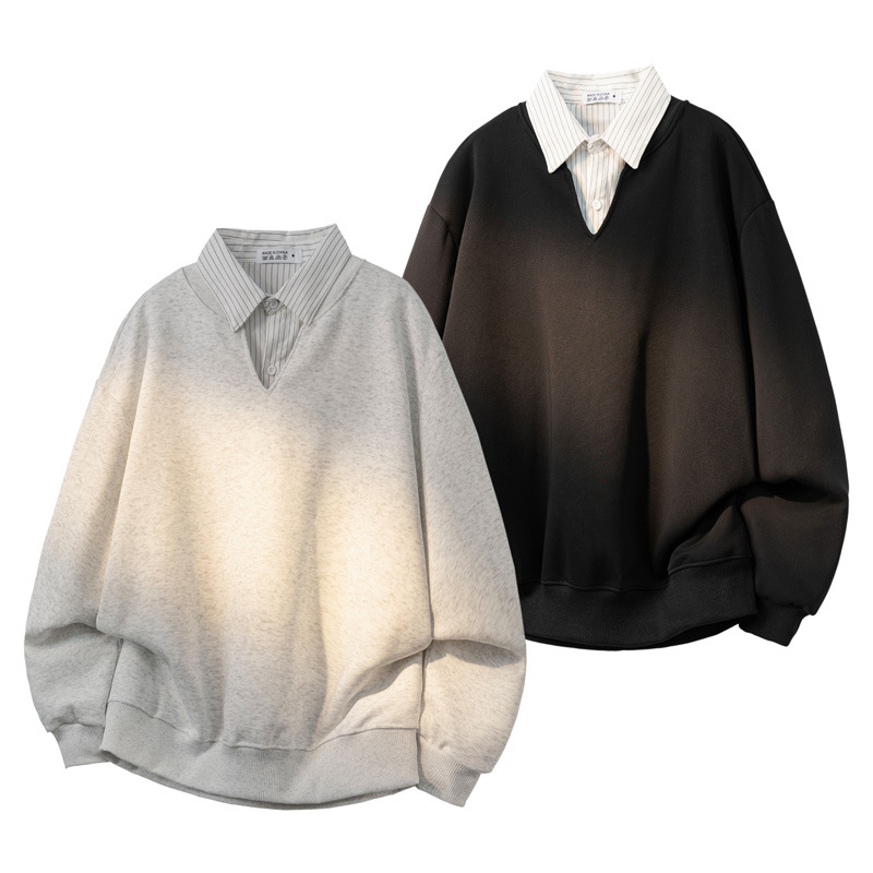 Sweat-shirt à col en v rayé pour homme haut manches longues_voghion.com
