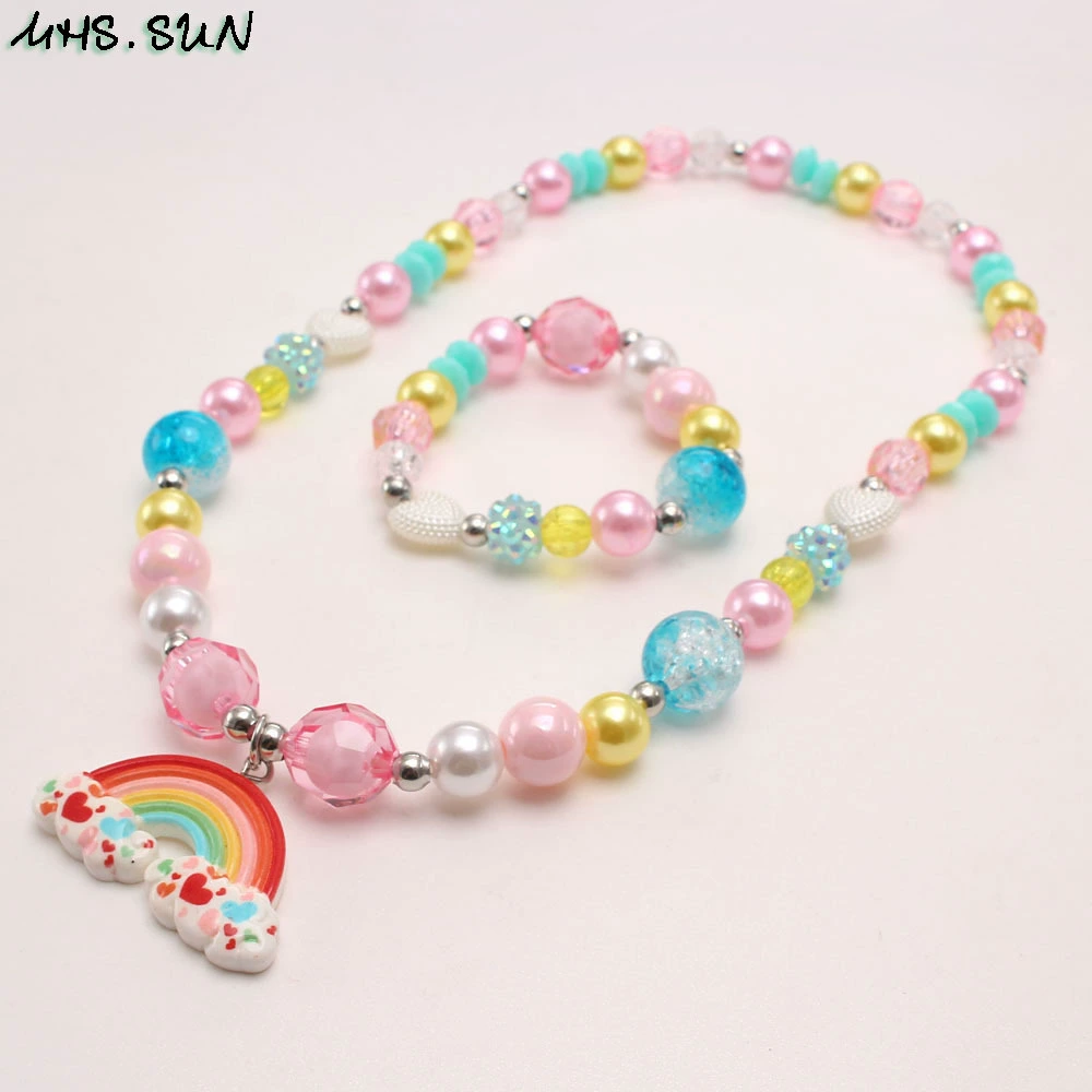 Новый детский кулон из смолы Love Rainbow, ожерелье, костюм, акриловые бусины, ожерелье для девочек, браслет