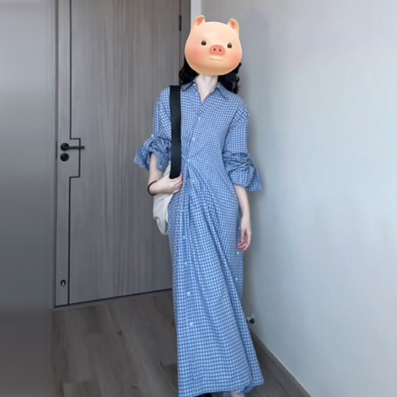法式蓝色格子衬衫连衣裙子女春季2025新款设计感宽松休闲气质长裙|undefined