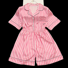 シンプルでカジュアルな女性用サマーパジャマ、薄手のストライプ柄半袖ショートパンツ、ホームウェアセット、実物写真、卸売