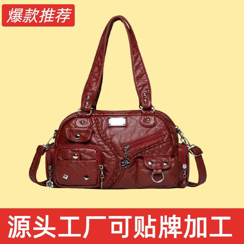 跨境真水洗皮笑脸包潮酷铆钉机车包辣妹单肩斜跨包外贸女包