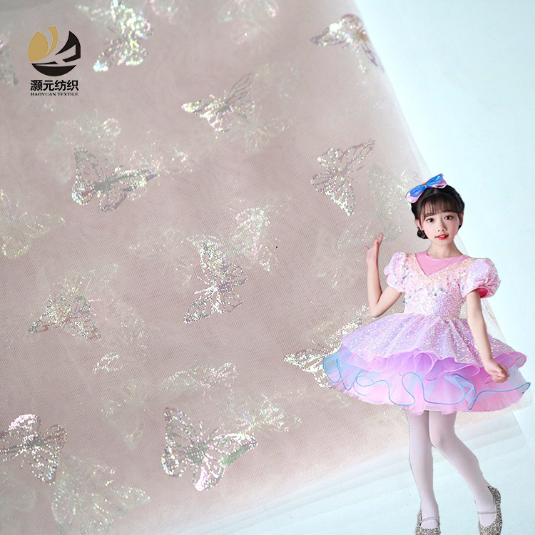 Nuevo color rosa mariposa fantasía estampado tela de malla de nylon tela de decoración para niños