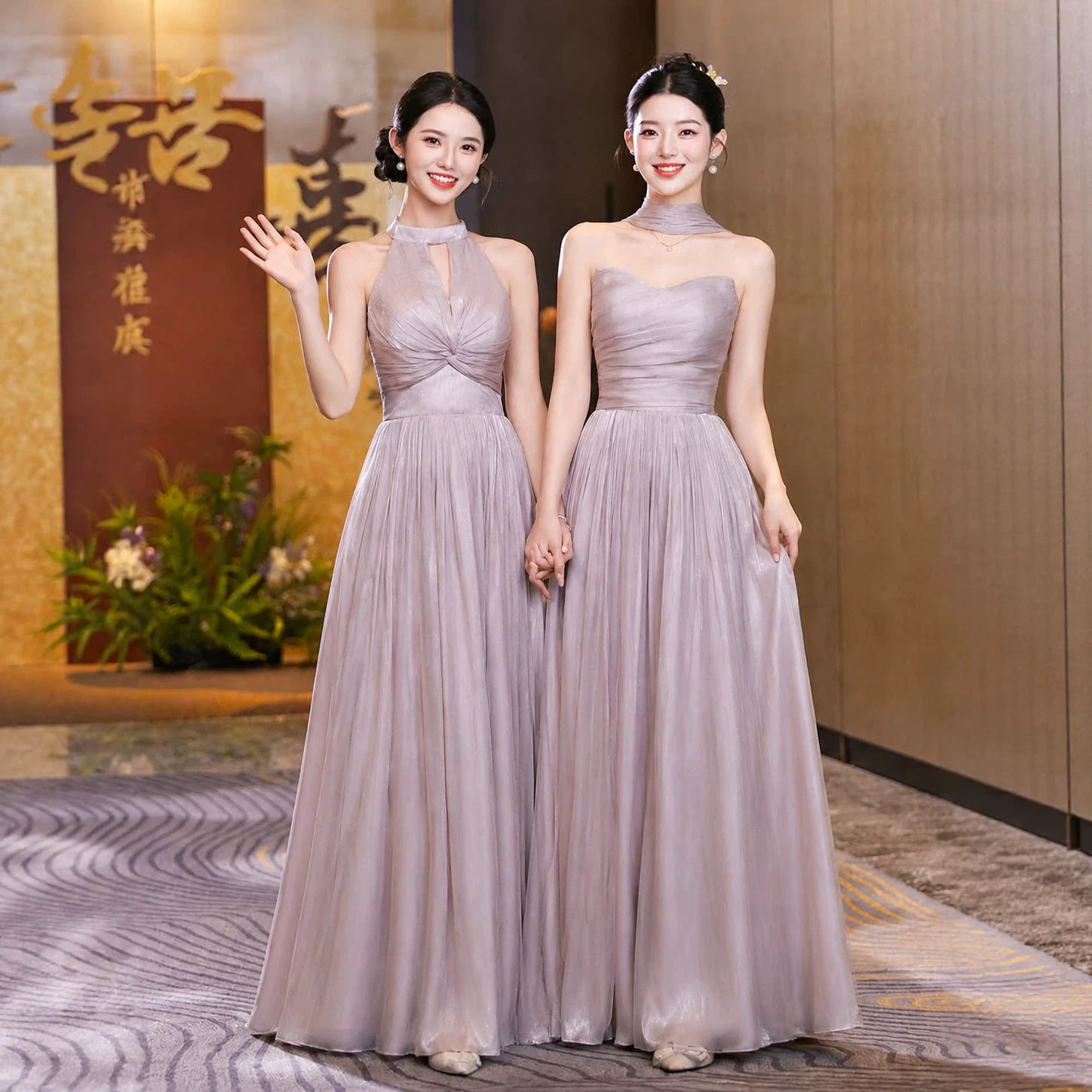 New purple-pink off-shoulder thin elegant slimming long dress evening gown wedding bridesmaid dress for bridesmaid group and hostess