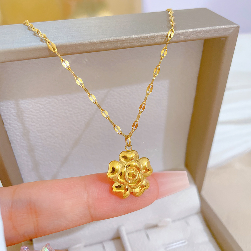 Lady Flower Titanium Steel Gold Plated Pendant Necklace
