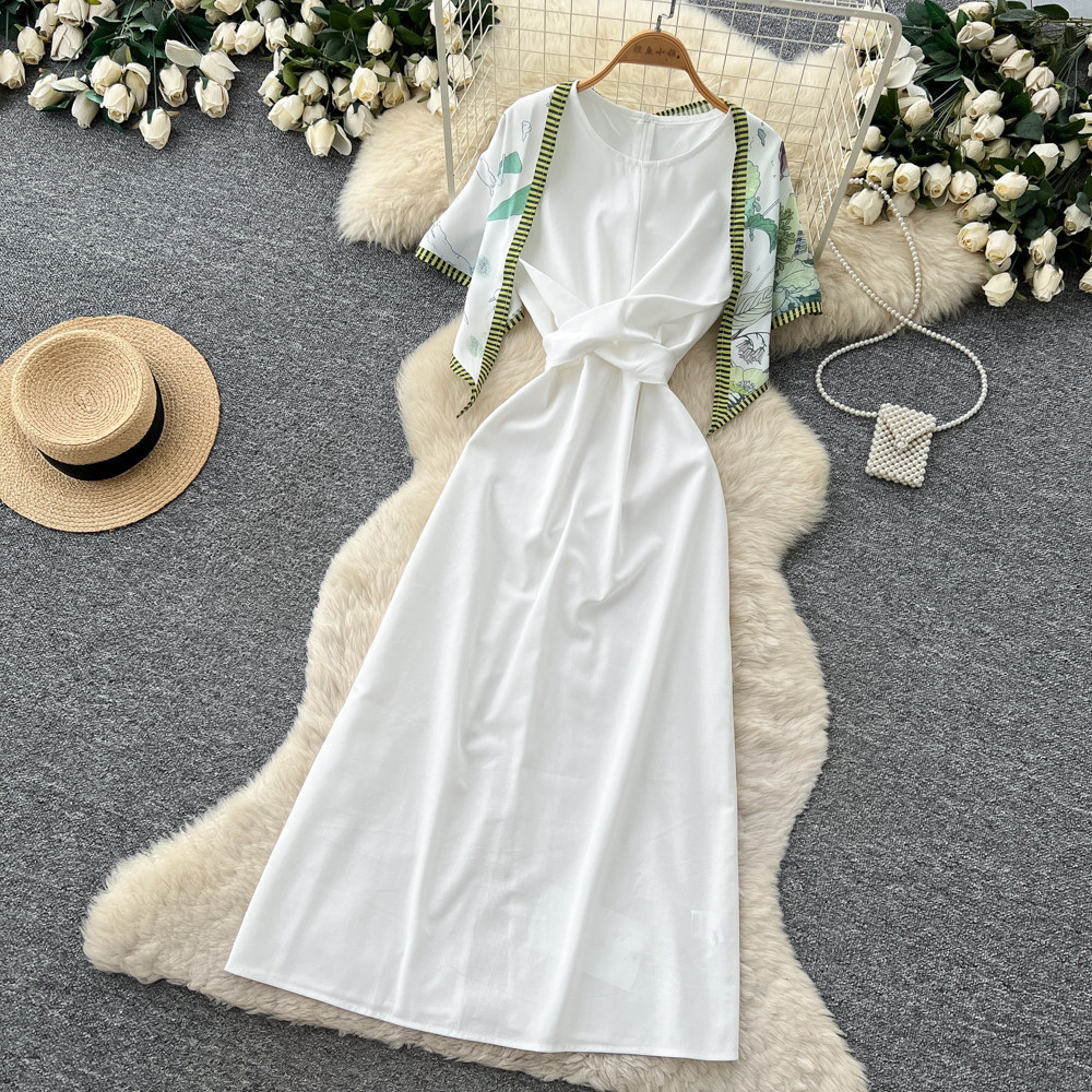 Elegant Sleeveless Round Neck Dress Style Summer Asymmetrical Long Dress With Scarf And Slit Sophisticated Tie Waist For Commuting_ecoleips.com